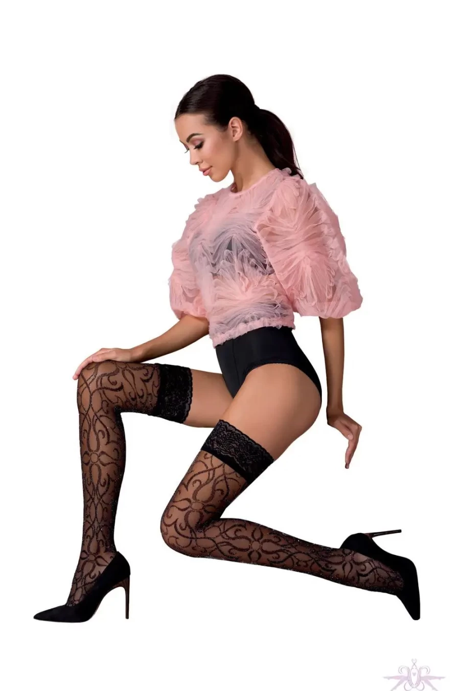 "Sexproducts Black Passion Filigree Sheer Hold Ups - Elegant Lingerie Stockings"