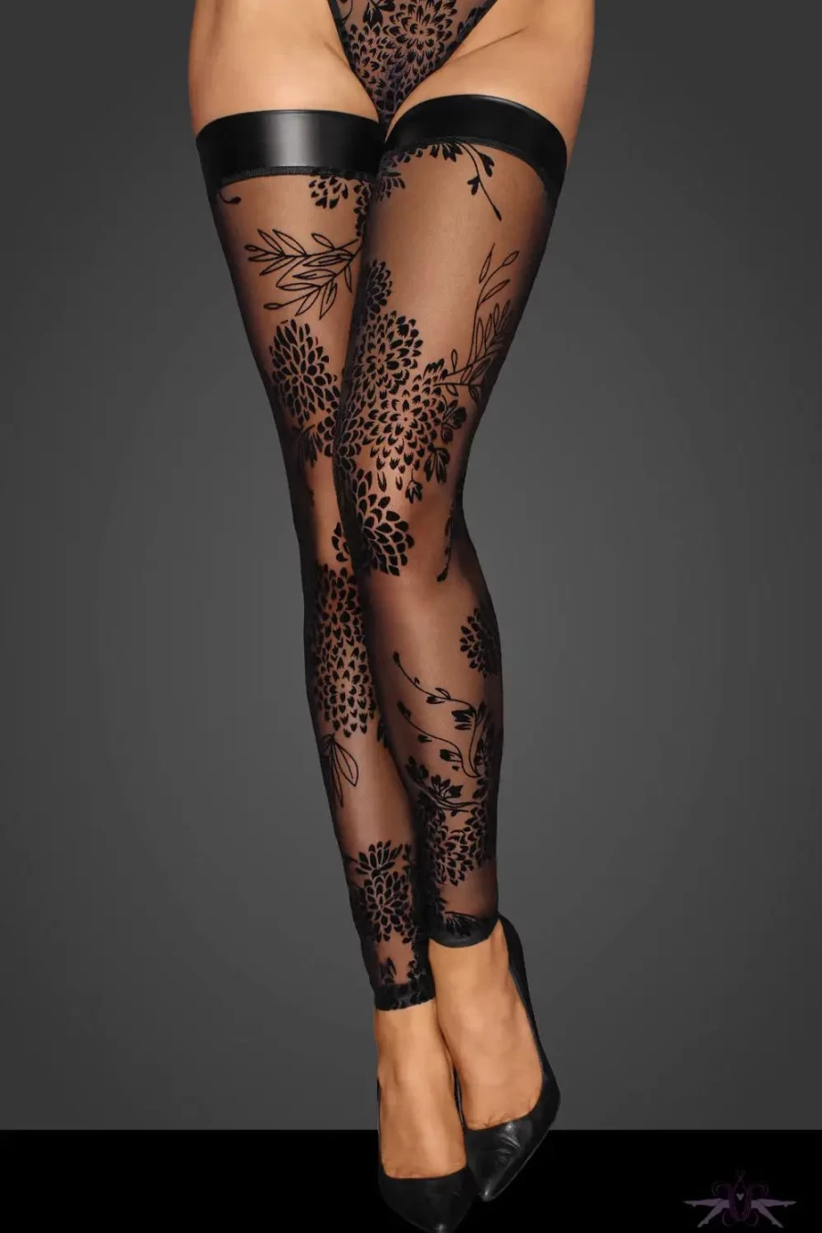 "Sexproducts Noir Black Handmade Floral Tulle Footless Hold Ups - Elegant Lingerie"
