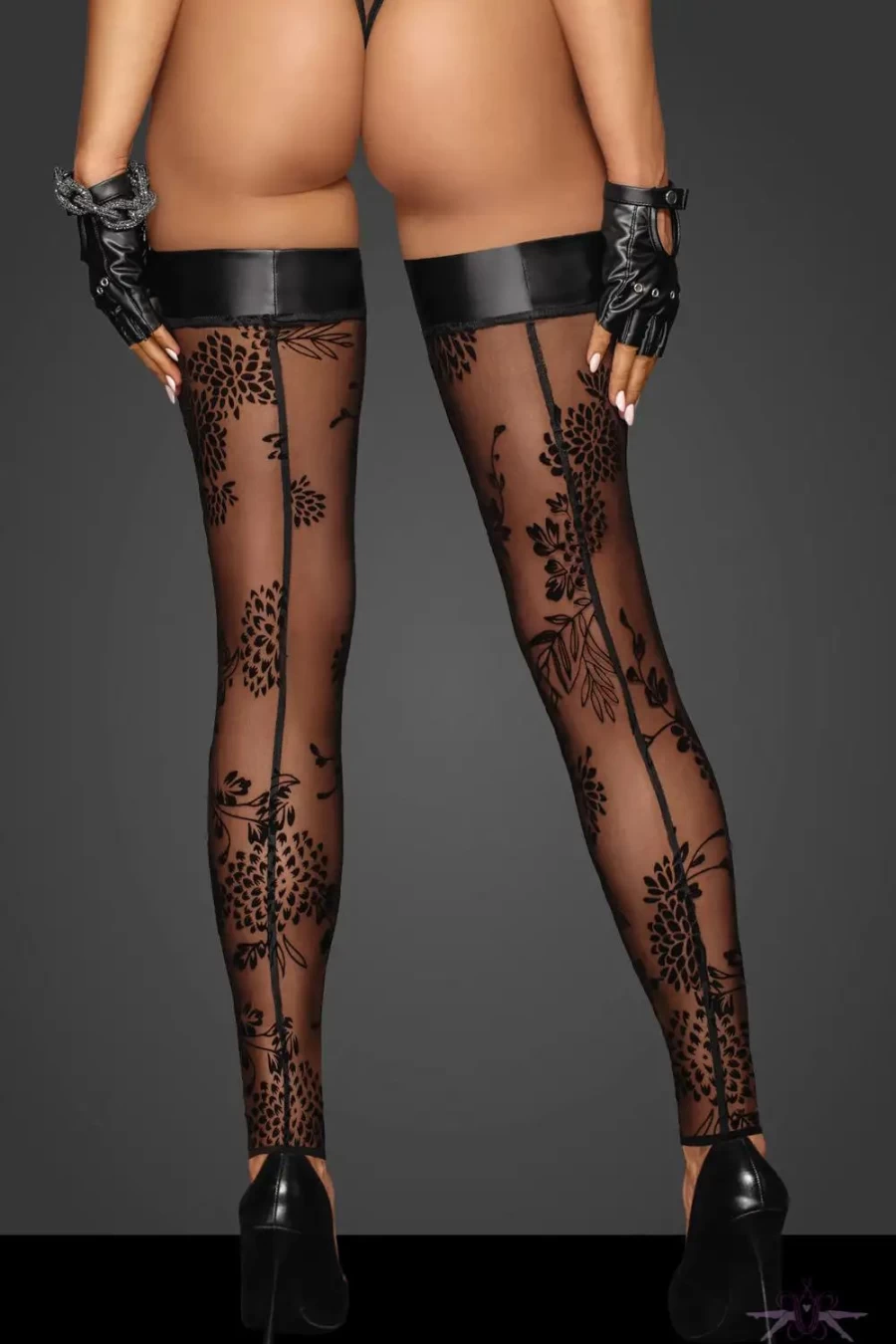 "Sexproducts Noir Black Handmade Floral Tulle Footless Hold Ups - Elegant Lingerie"