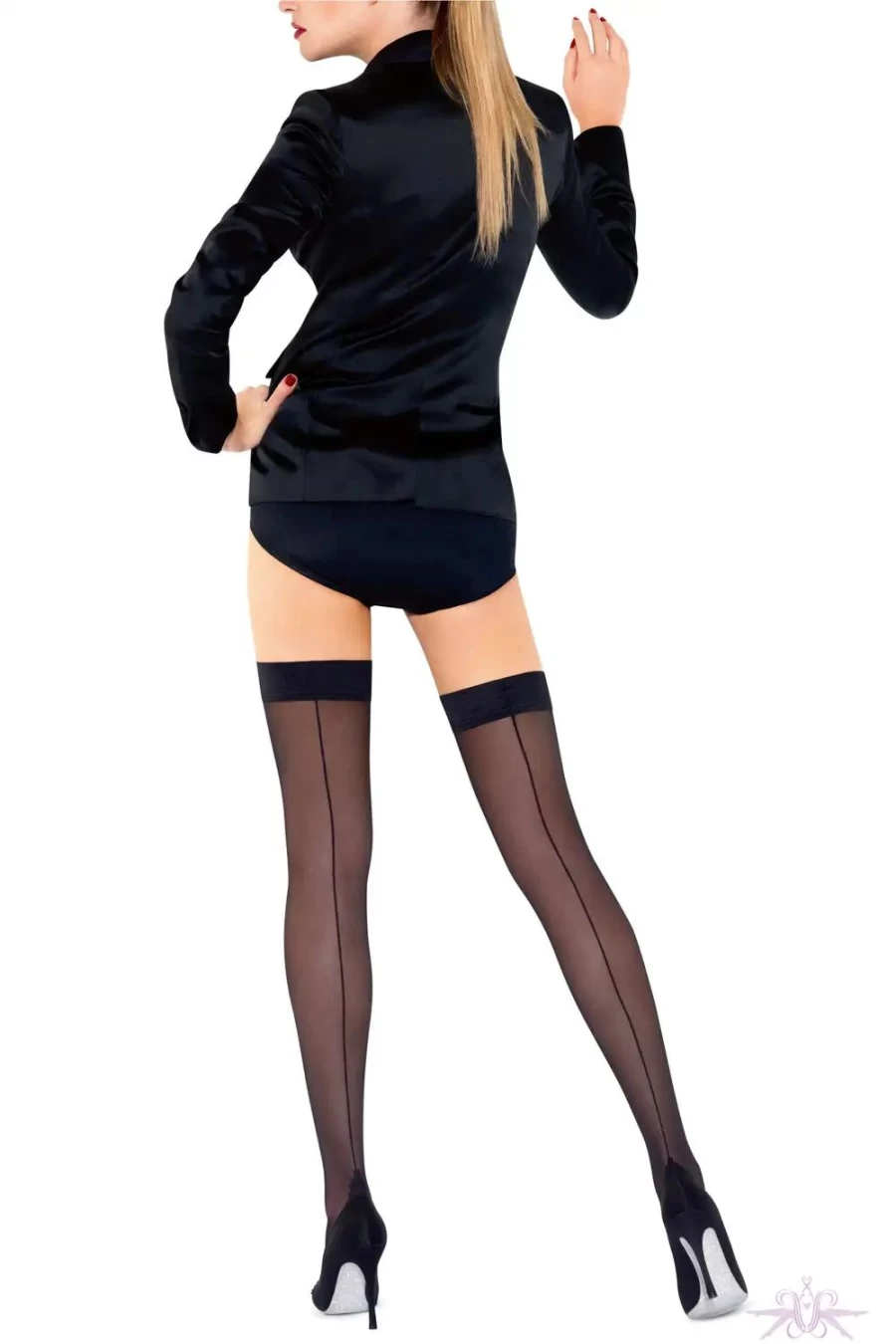 "Sexproducts Black Le Bourget Satine Couture Seamed Hold Ups - Elegant Luxury Hosiery"