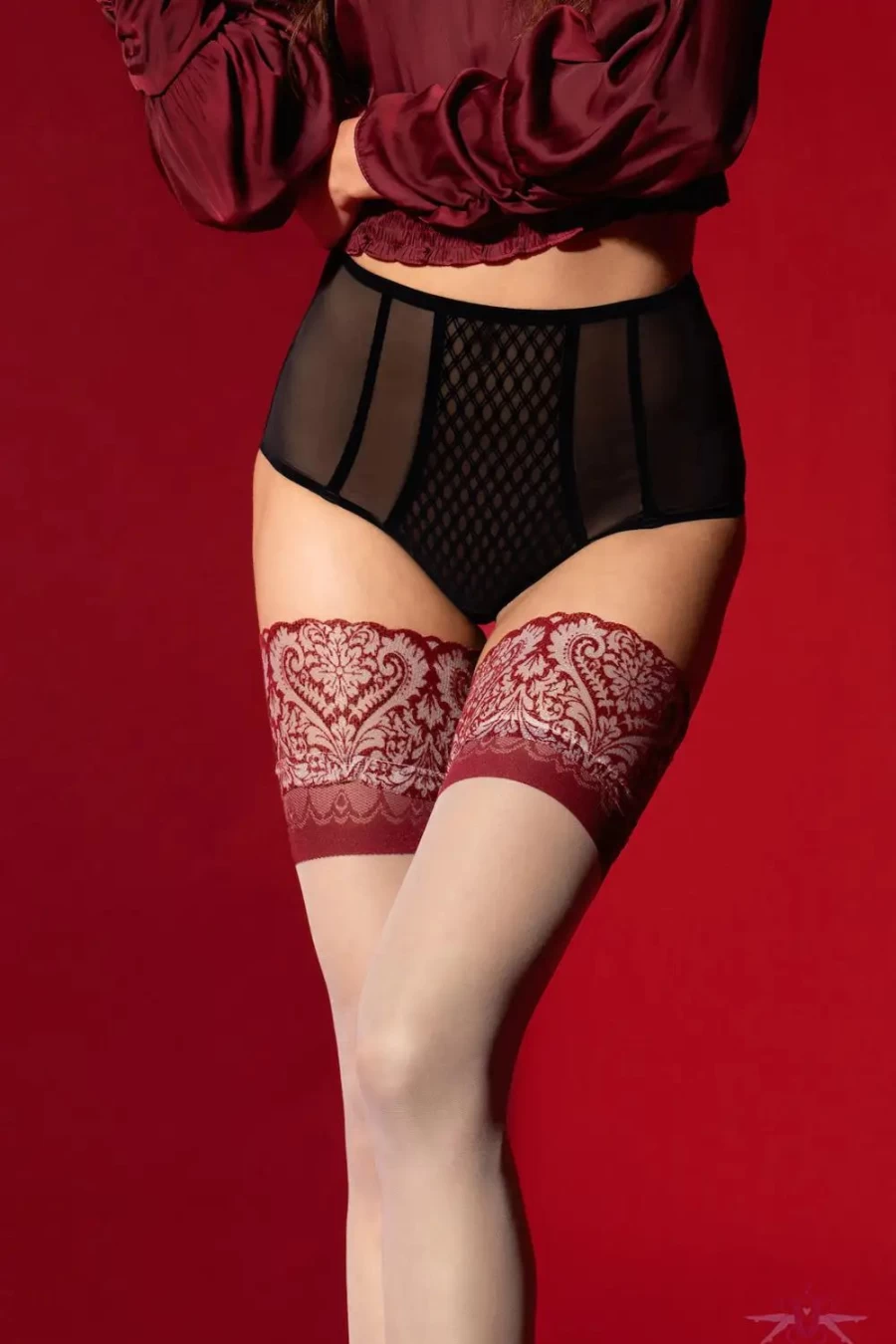 "Sexproducts Fiore Arabesque Hold Ups Lingerie in Linen & Burgundy"