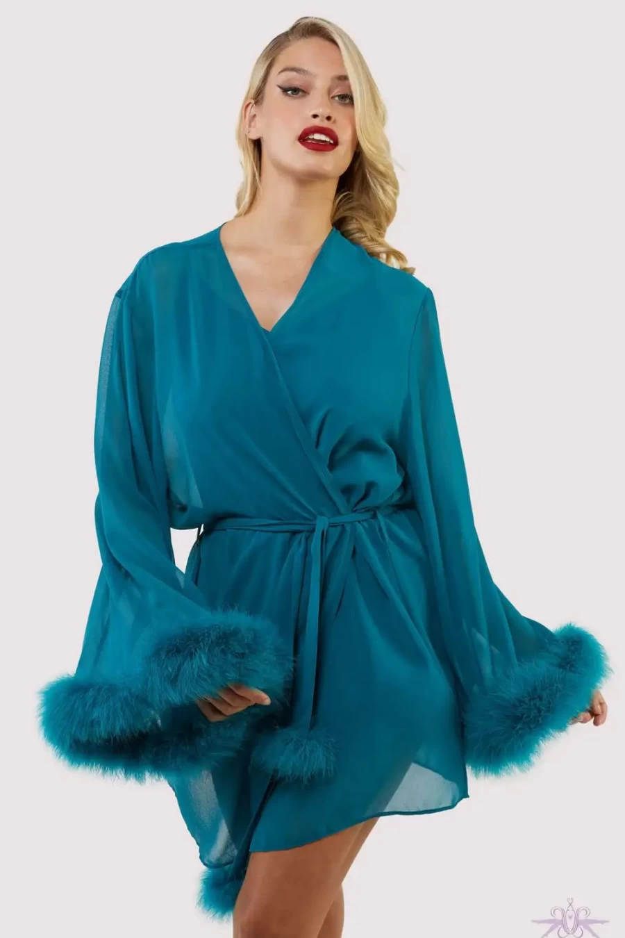 "Sexproducts Teal Feather Trim Robe - Playful Promises Bettie Page Style Lingerie"