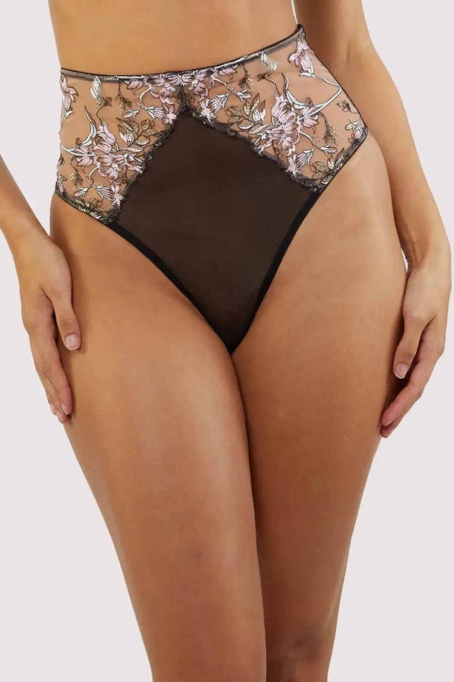 "Sexproducts Mayla Embroidered High Waist Thong - Black & Pink Lingerie | Playful Promises Style"