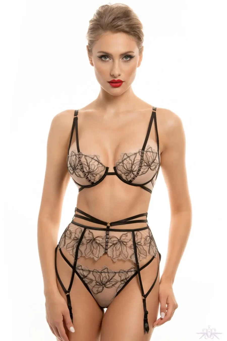 Sexproducts Greta Suspender Belt - Nude & Black Lingerie by Prelude Milano