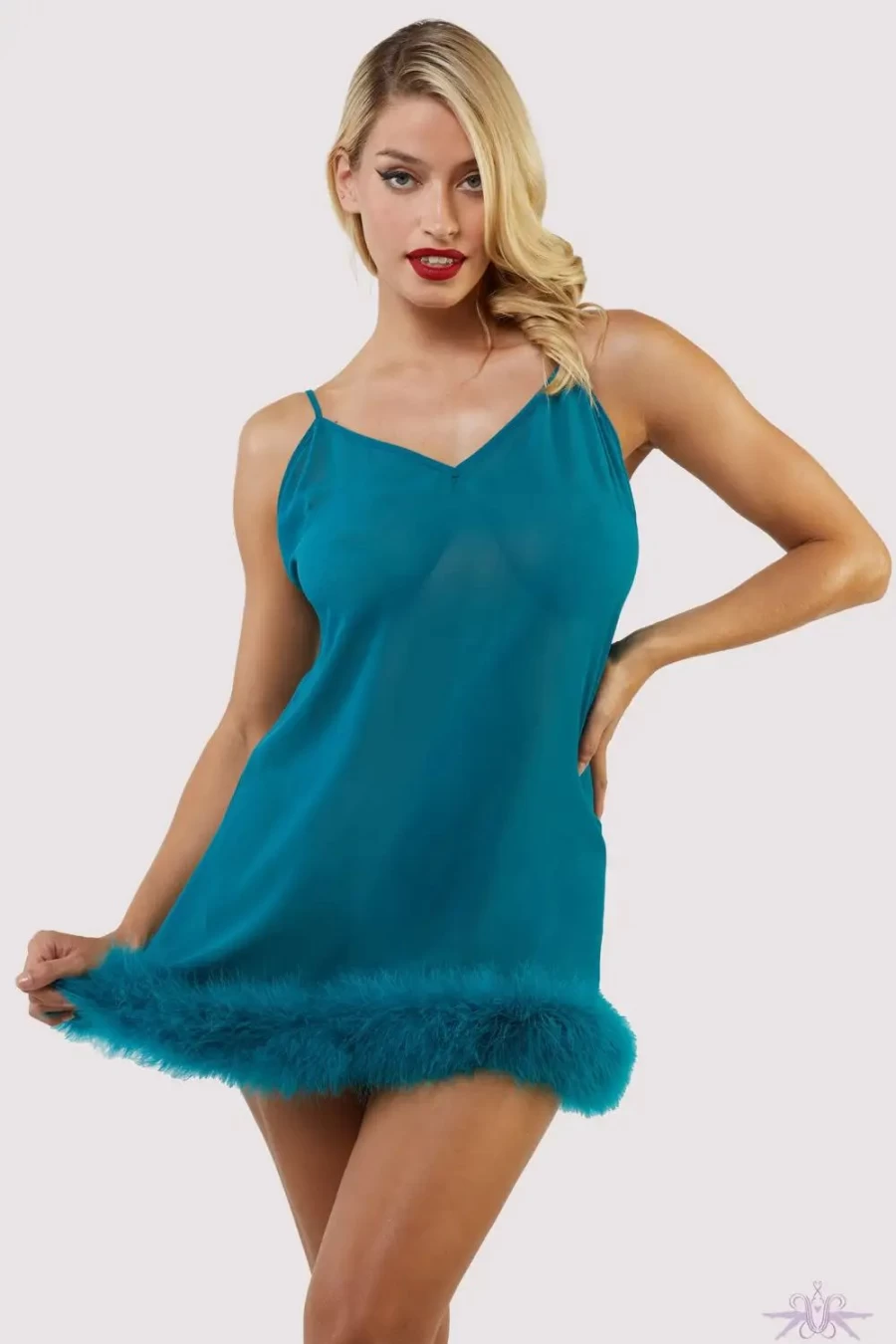 Sexproducts Teal Feather Trim Bettie Page Babydoll - Playful Promises Lingerie