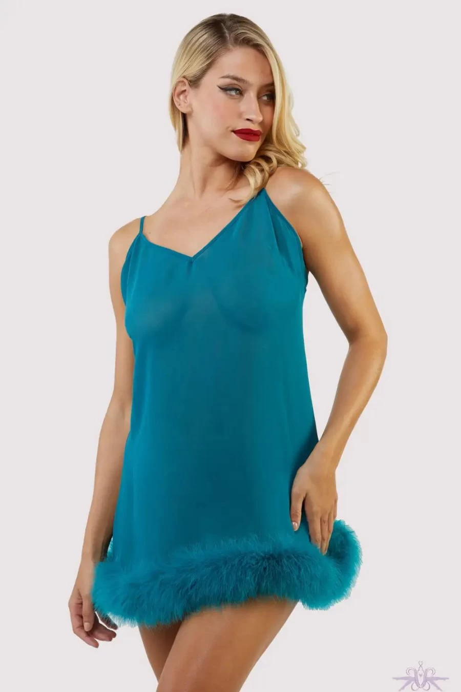 Sexproducts Teal Feather Trim Bettie Page Babydoll - Playful Promises Lingerie