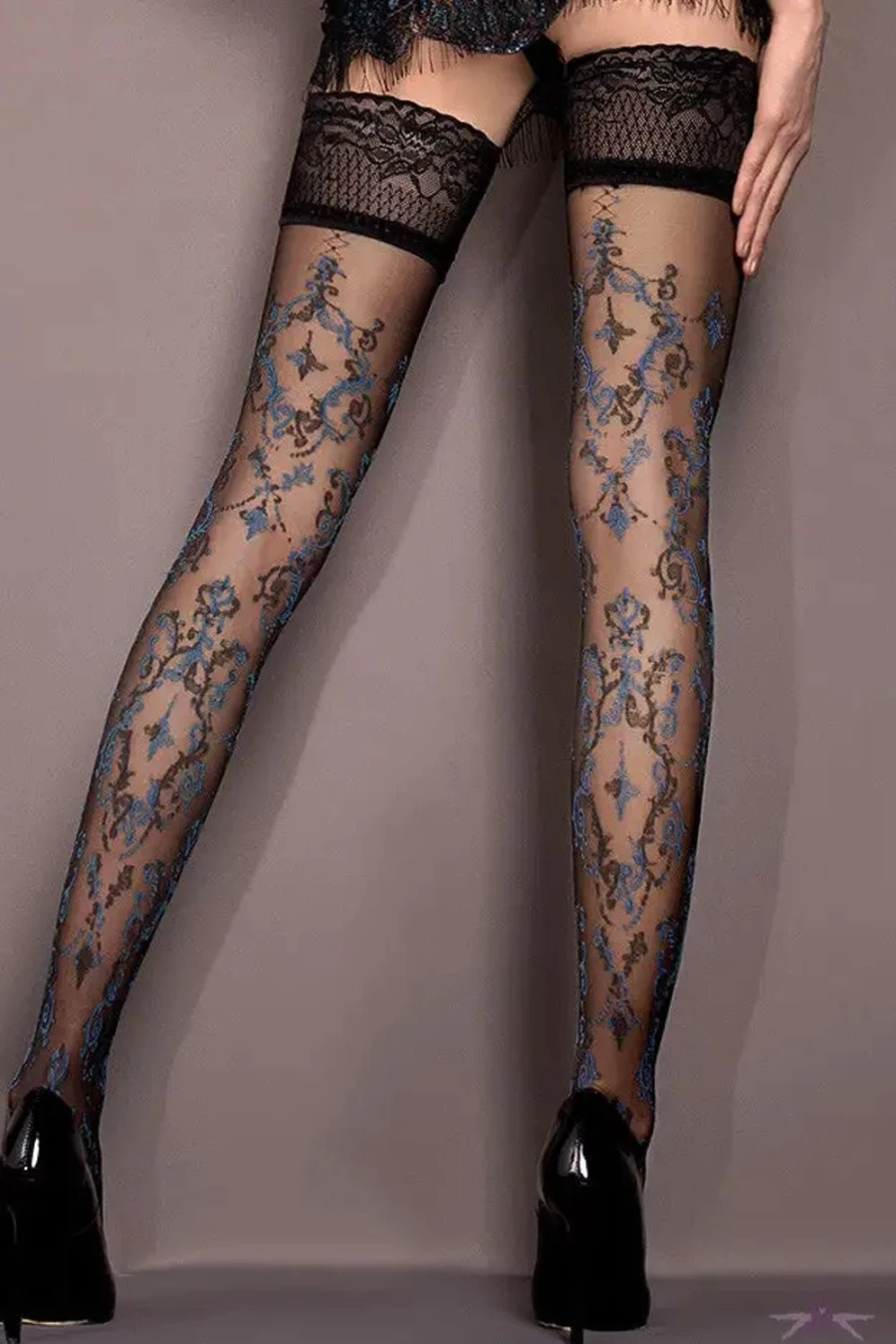 "Sexproducts Black and Blue Floral Ballerina Hold Ups - Elegant Lingerie Stockings"